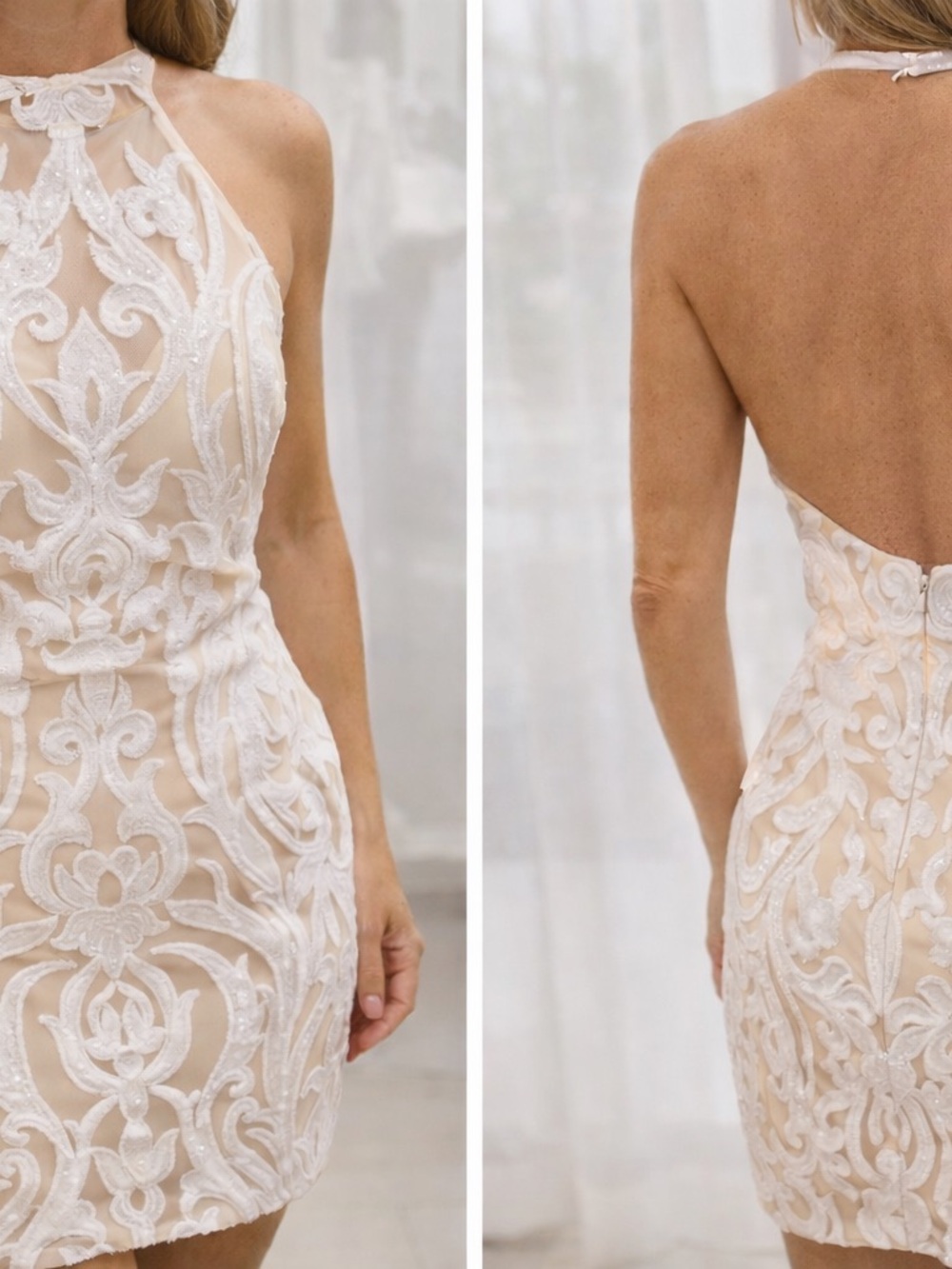 Sleeveless Lace Embroidered Halter Mini Dress - White on Nude